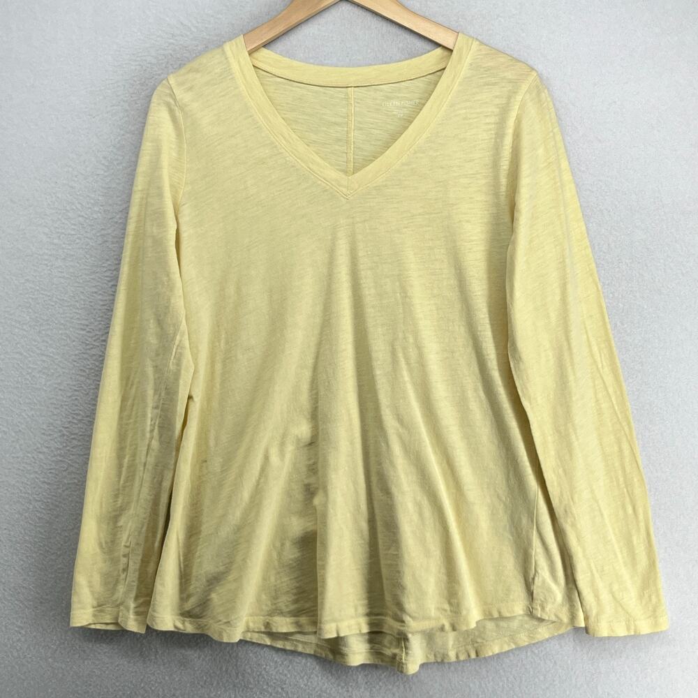 EILEEN FISHER Top S Slub Organic Cotton Jersey V-Neck Long Sleeve Yellow